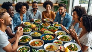 a group of people sitting around a table with bowls of food