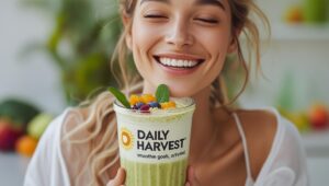 a woman smiling with her eyes closed holding a smoothie